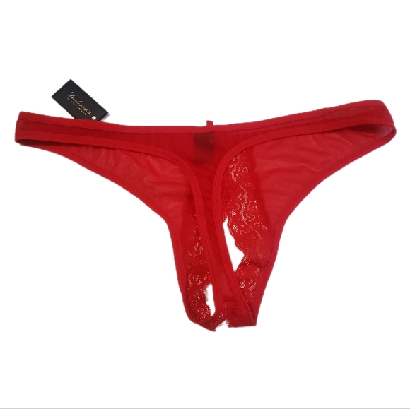 "Kandy" Frederick's Of Hollywood Plus Red Lace Crotchless Thong Size 1X - Picture 4 of 8